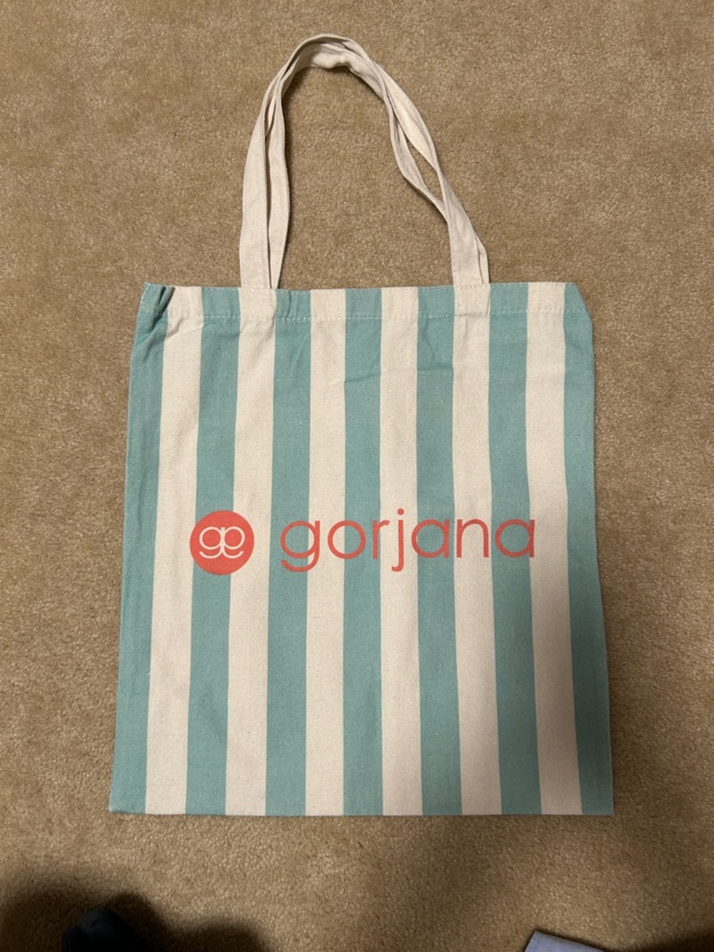 Gorjana Mint and White Striped Canvas Tote with Coral Logo